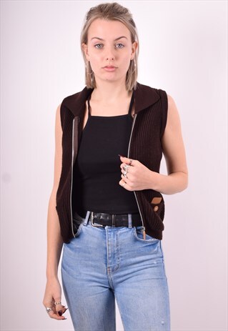 WOMENS VINTAGE CARDIGAN SWEATER SLEEVELESS SMALL BROWN 90'S