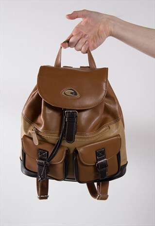 90'S FAUX LEATHER TAN PATCHWORK RUCKSACK BACKPACK