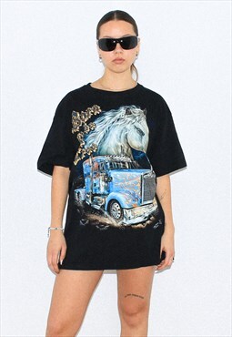 Vintage 90s trucker print t-shirt in black