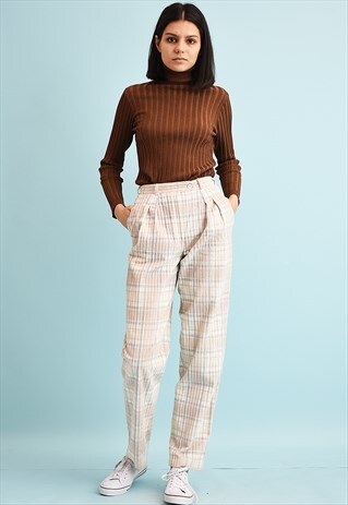 80'S RETRO HIGH WAIST CORDUROY CHECKED NEUTRAL TROUSERS