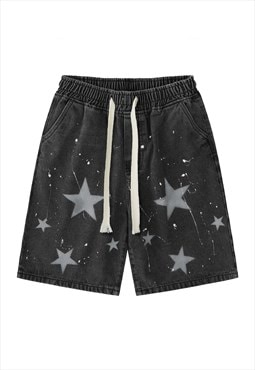 Star print denim shorts in vintage black wash 