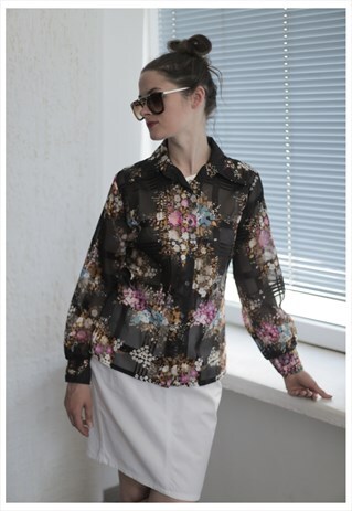 VINTAGE 80'S BLACK FLOWER PRINT TRANSPARENT SHIRT