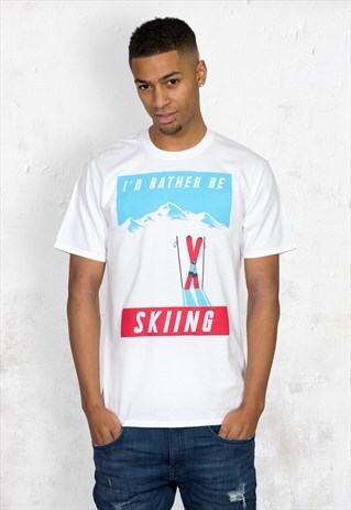 I'D RATHER BE SKIING VINTAGE POSTCARD STYLE SKI TSHIRT