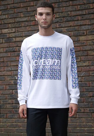 WHITE LONG SLEEVED T-SHIRT WITH WAVEY GEOMETRIC PATTERN