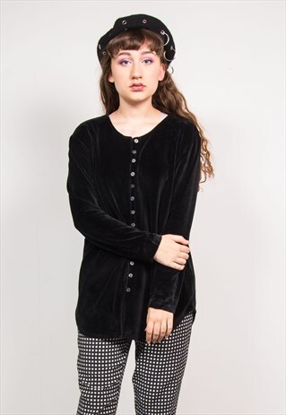 VINTAGE 90'S BLACK VELVET BUTTON DOWN LONG SLEEVE TOP