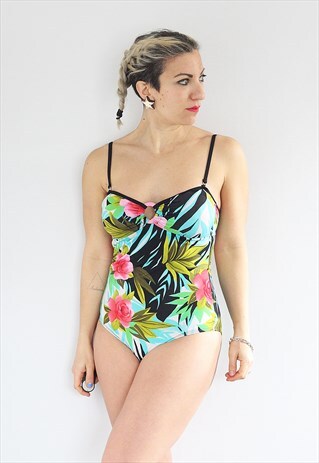 VINTAGE 1990S BRIGHT FLORAL PRINTED BACKLESS SWIMSUIT