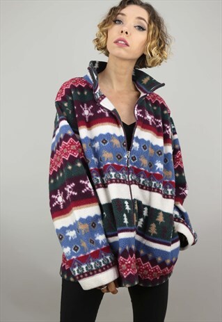 VINTAGE 90S OVERSIZED PATTERNED ZIP UP FLEECE