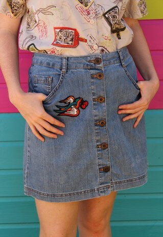 VINTAGE BLUE HIGH WAIST DENIM SUMMER SKIRT WITH BIRD BADGE