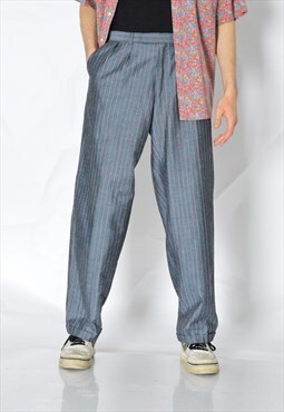 Vintage 80s Silver Blue Pinstripe Pleated Mens Pants
