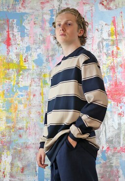 Navy n Beige Striped Crew Neck Jumper