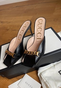 Gucci Black Leather Gold Sandals