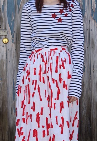 80S ABSTRACT RED PRINT COTTON MIDI SKIRT