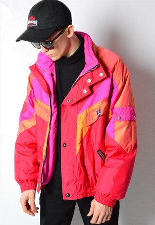 VINTAGE 80S COLOUR BLOCK PADDED SKI JACKET WITH HOOD