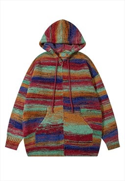 Knitted hoodie striped jumper sheer rainbow pullover in red