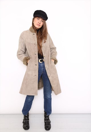VINTAGE 80S BROWN SHEEPSKIN SHEARLING EMBROIDERED COAT