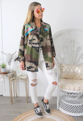 VINTAGE KHAKI JACKET MILITARY ETHNIC EMBROIDERY