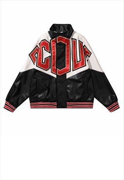 Faux leather motorcycle jacket patch Racer varsity in black