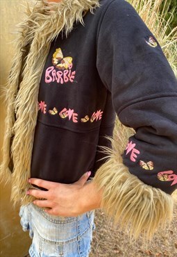 Barbie Original Black Jacket faux fur and Pink embroidery XS