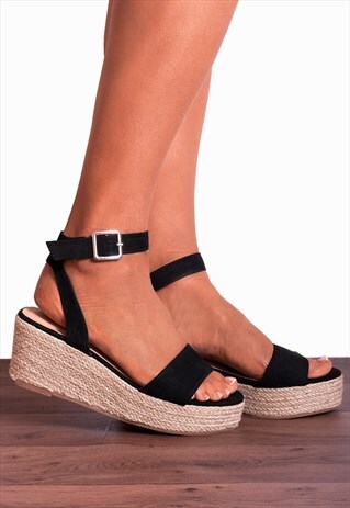 BLACK ESPADRILLES WEDGED PLATFORMS WEDGES SANDALS