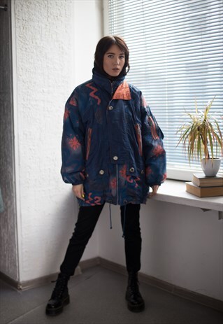 VINTAGE 80'S HIGH COLLAR PARKA COAT IN NAVY/ORANGE