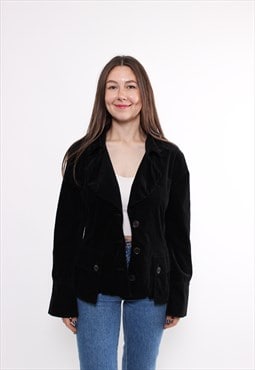 90s velvet blazer in black, vintage disco party style jacket