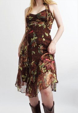 Vintage Karen Millen 90s Brown Floral Midi Dress