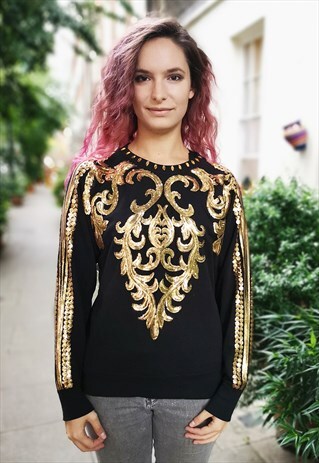 HAND STITCHED GOLD SEQUIN LACE BLACK JUMPER