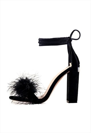 Round Toe Feather Lace-up Suede Chunky Heel Sandals