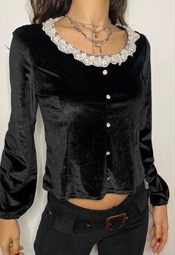 Gothic Historic Velvet Lace Neckline Shirt