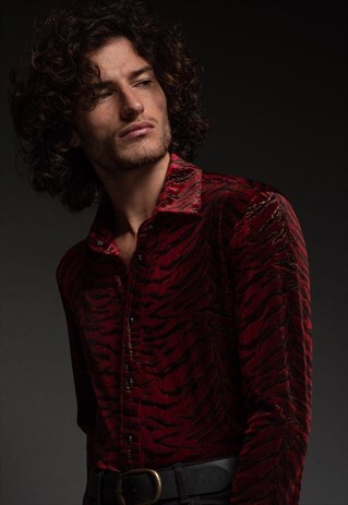 MENS RED ZEBRA PRINT SKULL BUTTON ROCK N ROLL SHIRT