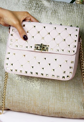 PINK GOLD STUDDED BOX CHAIN STRAP BAG