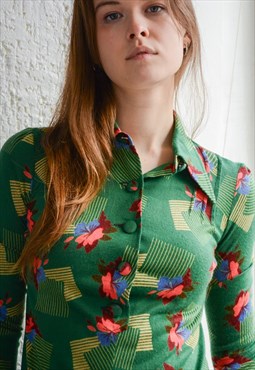 Vintage 70's Bohemian Green Abstract Print Top