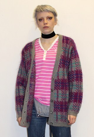 VINTAGE 80S KNITWEAR CARDIGAN BOHO FESTIVAL CHECK SLOUCHY