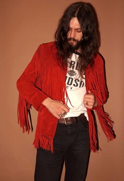 Vintage 60s red suede leather fringed western jacket - small