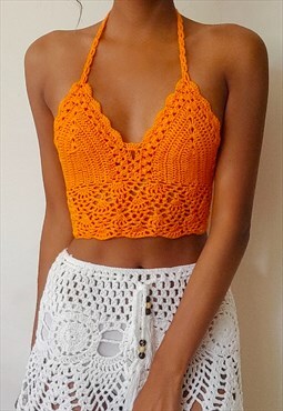 Arielle Tangerine Crochet festival neck crop top