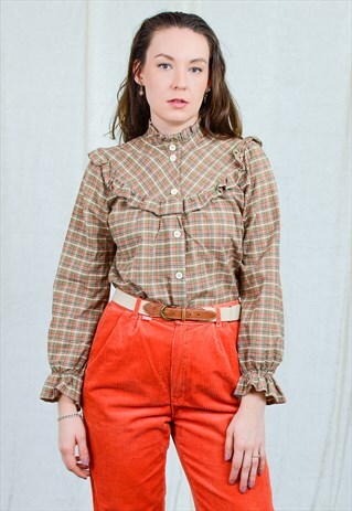 CHECKERED SHIRT FRENCH BLOUSE 80S VINTAGE PLEATED RUFFLE