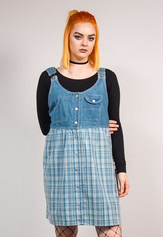 VINTAGE 90'S DENIM GRUNGE CHECK PATTERN PINAFORE DRESS
