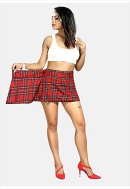 Red Tartan Checks Mini Wrap Around High Waist A-line Skirt