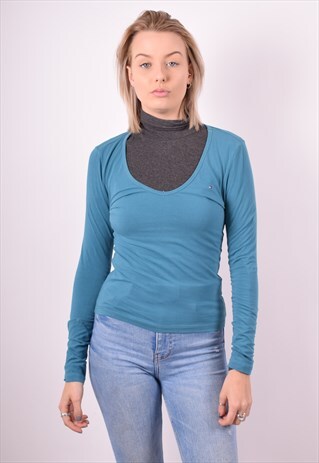 TOMMY HILFIGER WOMENS VINTAGE TOP LONG SLEEVE MEDIUM BLUE 90