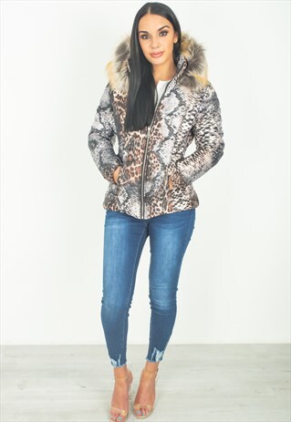 TAN SNAKE PRINT FAUX FUR HOOD PUFFER JACKET