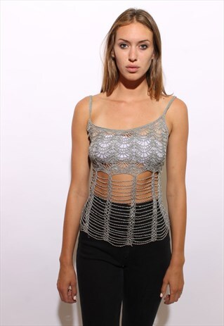 VINTAGE 1990'S 90'S METALLIC SILVER CROCHET TANK TOP XS-S