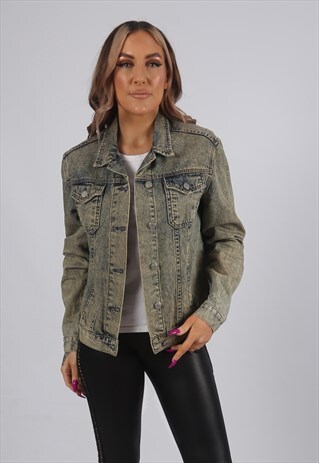 VINTAGE Y2K DENIM JACKET MOTO DIRT WASH UK 10 S (B53B)