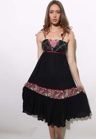 VINTAGE 1970'S 70'S BLACK GAUZE FLORAL PLAID SUN DRESS S-M