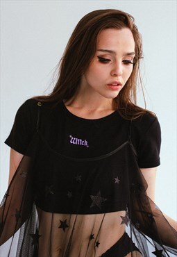 Black crop top with "witch" embroidery