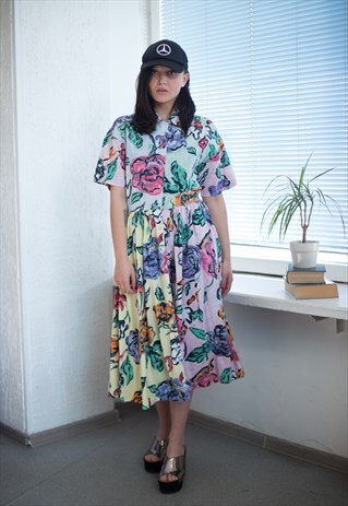 VINTAGE 90'S MULTI COLOUR FLOWER PATTERNED DRESS