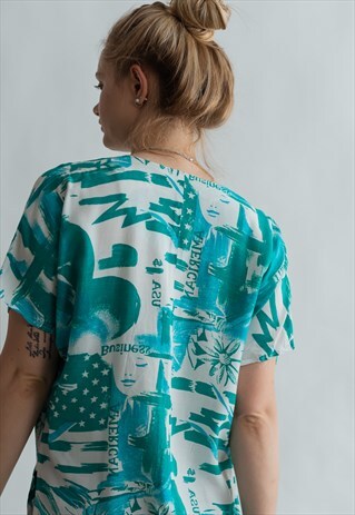 VINTAGE 80S FESTIVAL PATTERNED SHIRT IN ELECTRIC GREEN