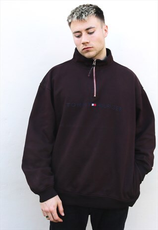 BURGUNDY TOMMY HILFIGER QUARTER ZIP SPELLOUT SWEATSHIRT