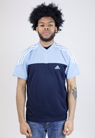 VINTAGE 90'S ADIDAS BLUE V-NECK JERSEY T-SHIRT