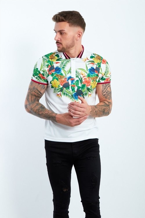 mens white rain forest print polo shirt