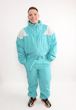 Vintage one piece ski suit, 90s blue color snowsuit for him